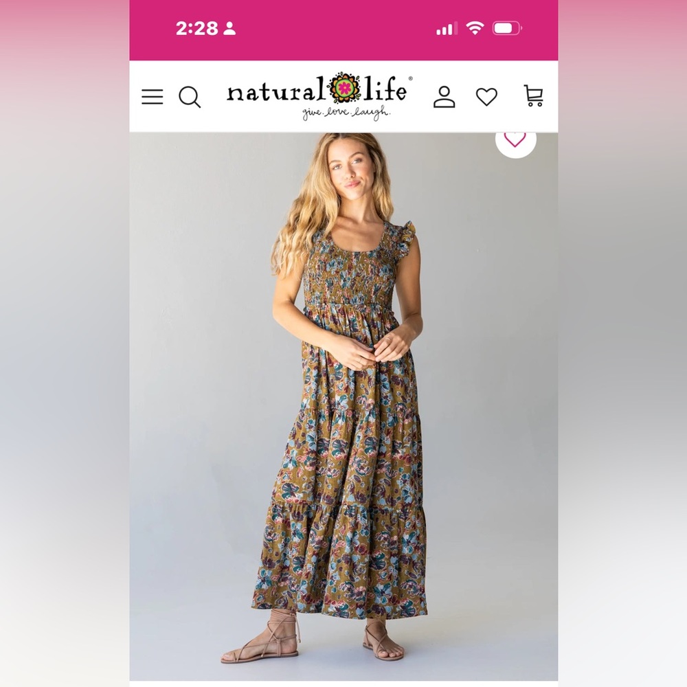 Natural Life - Olivia Smocked Maxi Dress - Olive Floral - Size Large (L)